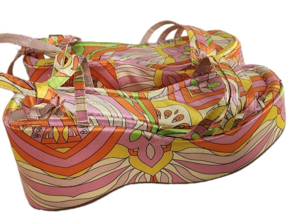 Funky Neon Psychadelic 60s Style Platform Wedge Strappy Sandals Rave Club 6 1/2